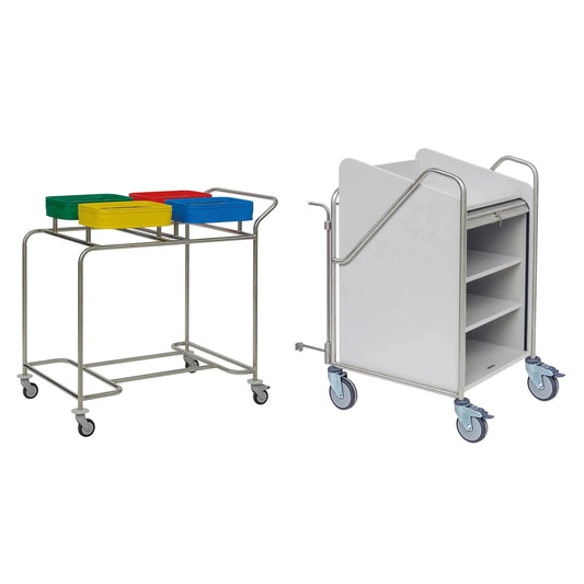 Abgebildet sind zwei Stationswagen: Links ist ein Novocal Stationswagen Rahmen Edelstahl mit drei farbigen Behältern und Rädern; rechts ist ein weißer, geschlossener, robuster Novocal Stationswagen mit Regalen und großen Rädern.