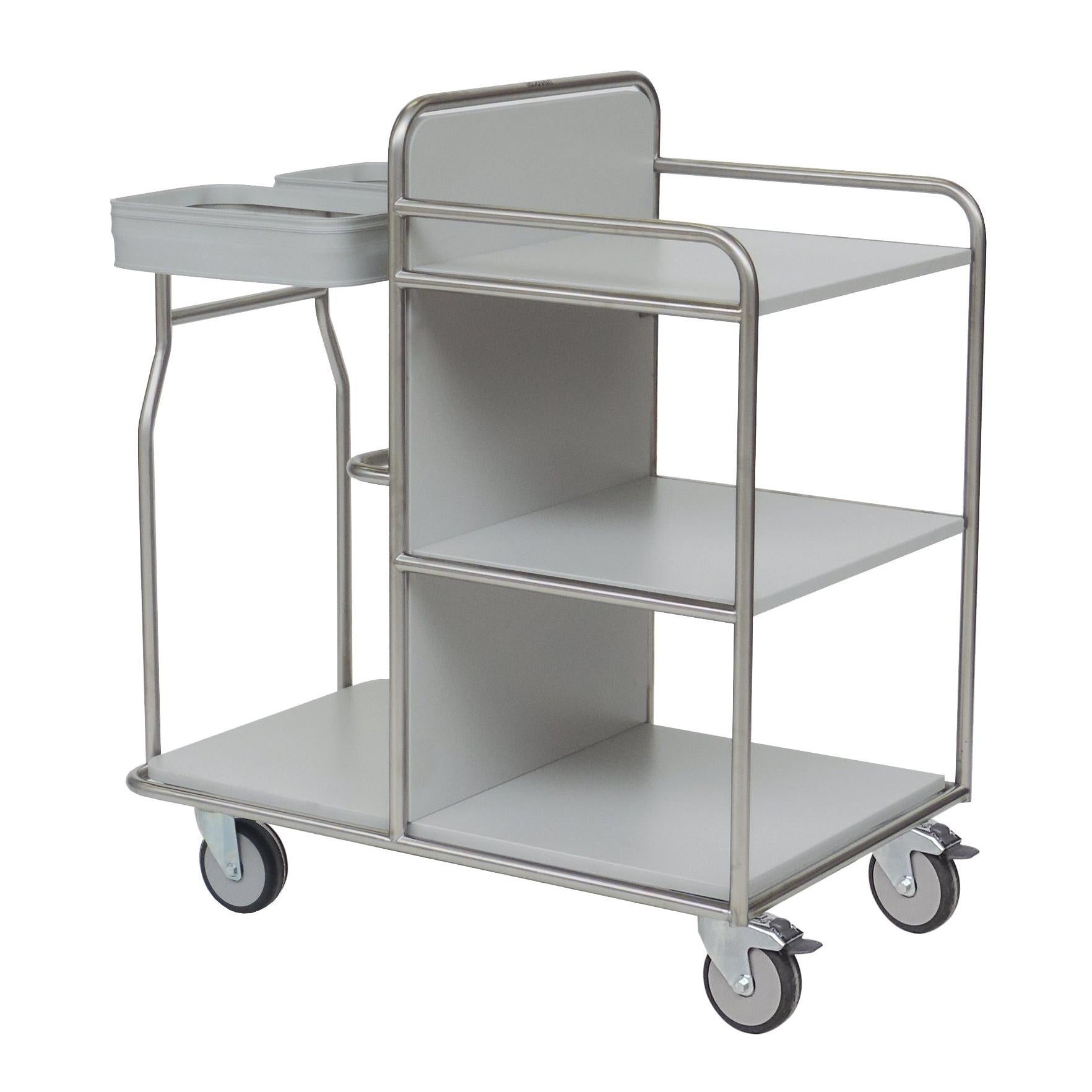 Der Novocal Stationswagen Rahmen aus Edelstahl mit rundum verschweißten Rohrverbindungen bietet drei Ablagen, vier Rollen, einen oberen Reling und ein Doppelfach-perfekt als vielseitiger Medizinwagen für geordnete Aufbewahrung und Mobilität.