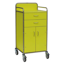 Der Novocal Stationswagen hat ein gelbes Design mit zwei Schubladen, einem zweitürigen Schrank, Metallgriffen und einem vollverschweißten Edelstahlrahmen - ideal als vielseitiger medizinischer Wagen, geliefert als ein Stück pro Packung.