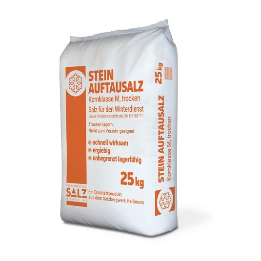A white 25-kg bag of SWS rock deicing salt (grain size class M) from Südwestdeutsche Salzwerke AG, featuring orange text and symbols, contains sodium chloride. The packaging states that it is dry, winter-grade rock salt with effective deicing properties from the Heilbronn salt works.