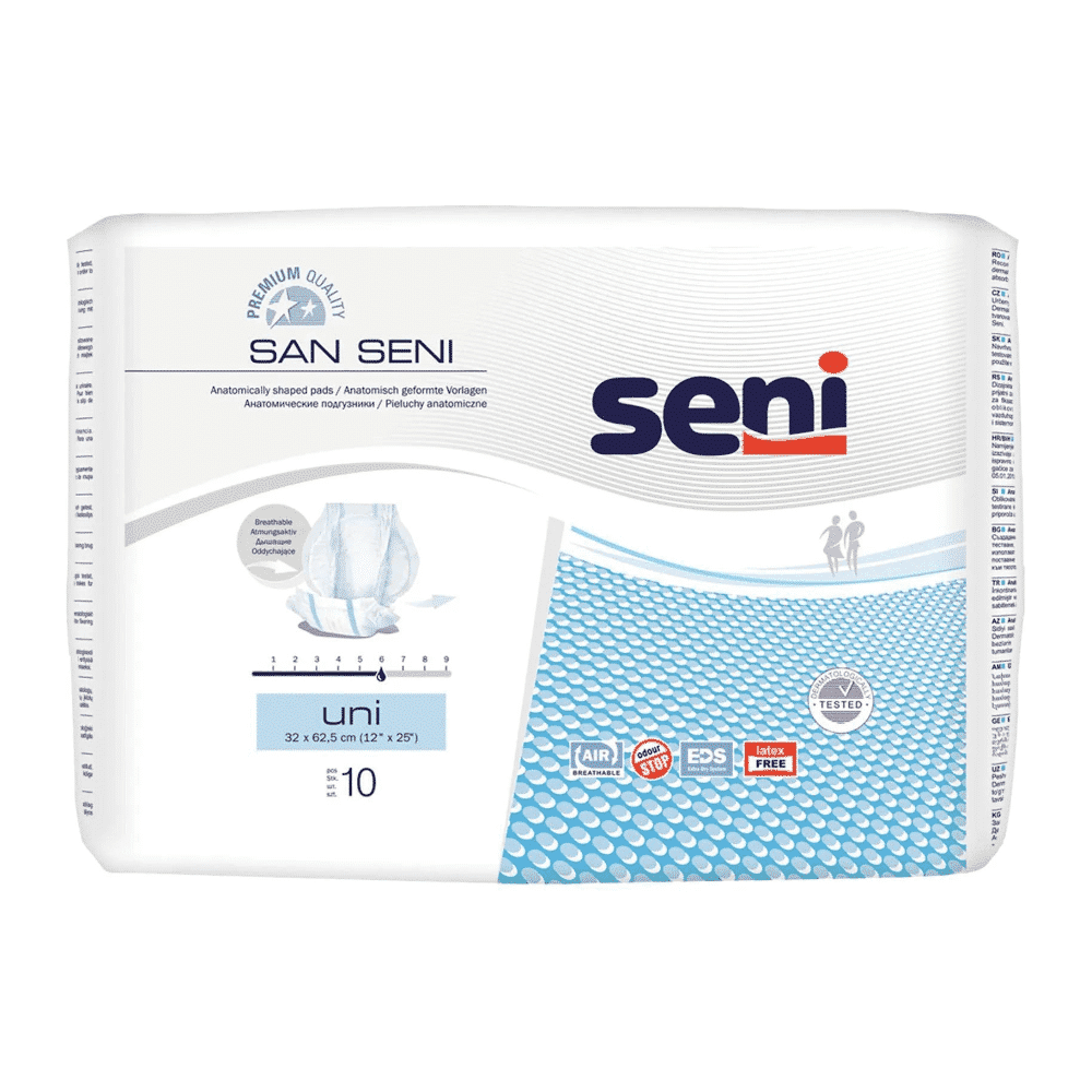 A pack of Seni San Uni incontinence pad diapers for adults from TZMO Deutschland GmbH against bladder weakness. The product packaging features a design of scattered blue dots, including symbols for airflow, breathability, and latex-free properties.