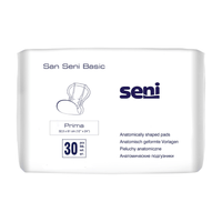 The packaging of the San Seni The Classic Prima incontinence pad from TZMO Deutschland GmbH features the brand logo and product name. It is an anatomically shaped pad designed for urinary incontinence, measures 32.5 x 61 cm, offers reliable leak protection, and comes in a pack of 30.