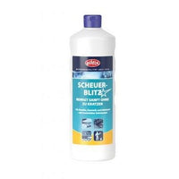 Une bouteille en plastique blanche d'un litre de « Becker eilfix Scheuerblitz » de la marque Stern Waschmittel GmbH avec une étiquette bleue et jaune, un bouchon violet et une notice en allemand, pour un nettoyage en douceur et sans rayures de la salle de bains et de la cuisine.