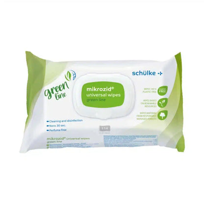 Gezeigt wird die mikrozid® Universal Wipes Green Line Desinfektionstücher Packung (114 Tücher) der Schülke & Mayr GmbH mit 100 % plastik- und parfümfreien Tüchern in grün-weißer Verpackung zur umweltfreundlichen Infektionsprävention.