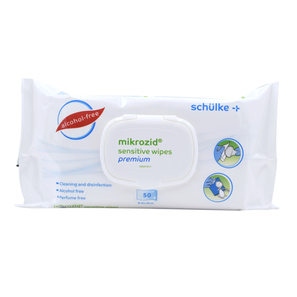 A pack of Mikrozid® sensitive Wipes Jumbo by Schülke & Mayr GmbH. The white pack contains 50 alcohol- and perfume-free wipes, presented with a flip-top lid. Icons illustrate the use on sensitive skin.