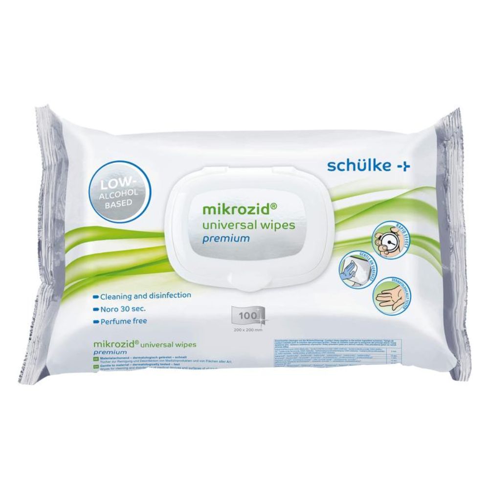 Pictured is a pack of Schülke Mikrozid® universal wipes premium disinfection wipes from Schülke & Mayr GmbH. The white packaging with green and blue accents displays information such as "low in alcohol," "cleaning and disinfection," "Noro 30 sec," "fragrance-free," and "100 wipes." Ideal for quick disinfection.