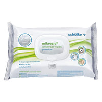 La photo représente un paquet de lingettes désinfectantes Schülke Mikrozid® universal wipes premium de la société Schülke & Mayr GmbH. L'emballage blanc, rehaussé de touches de vert et de bleu, comporte des mentions telles que « faible teneur en alcool », « nettoyage et désinfection », « Noro 30 sec. », « sans parfum » et « 100 lingettes ». Idéal pour une désinfection rapide.