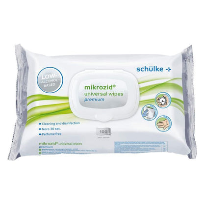 Pictured is a pack of Schülke Mikrozid® universal wipes premium disinfection wipes from Schülke & Mayr GmbH. The white packaging with green and blue accents displays information such as "low in alcohol," "cleaning and disinfection," "Noro 30 sec," "fragrance-free," and "100 wipes." Ideal for quick disinfection.