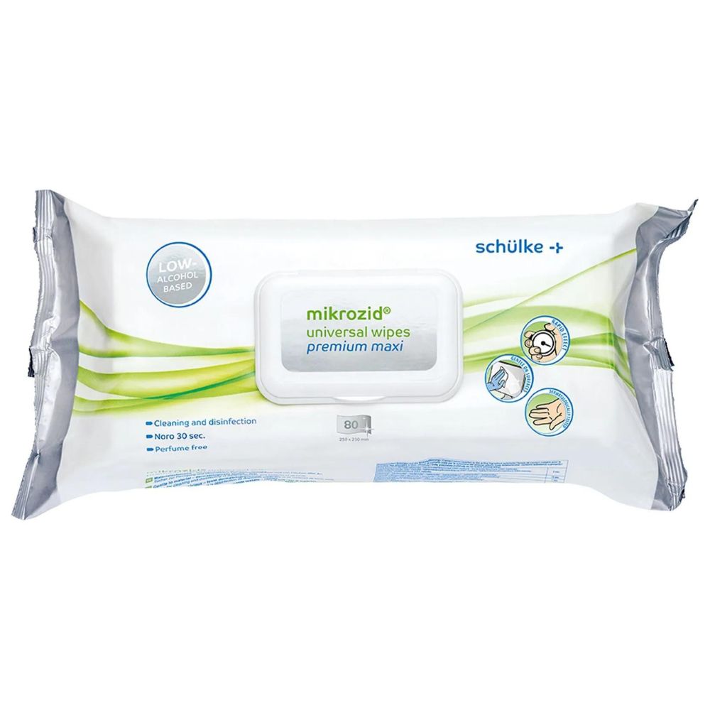 Pictured is a pack of Schülke Mikrozid® universal wipes premium disinfection wipes. The predominantly white-gray packaging with green accents indicates that these disinfectant wipes are low in alcohol, clean and disinfect, and are fragrance-free. The pack contains 80 wipes for effective quick disinfection.