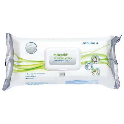 Pictured is a pack of Schülke Mikrozid® universal wipes premium disinfection wipes. The predominantly white-gray packaging with green accents indicates that these disinfectant wipes are low in alcohol, clean and disinfect, and are fragrance-free. The pack contains 80 wipes for effective quick disinfection.