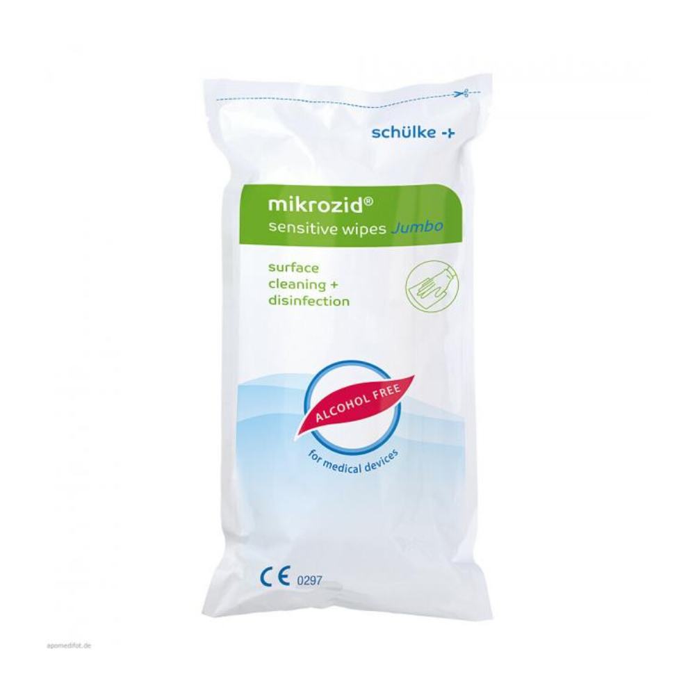 A pack of "Schülke Mikrozid® sensitive wipes jumbo" for surface cleaning and disinfection, labeled as alcohol-free and suitable for medical devices. The packaging is white with green and blue accents. Brand: Schülke & Mayr GmbH