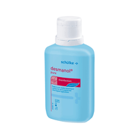 Un flacon de désinfectant pour les mains Schülke Desmanol® pure, de la société Schülke & Mayr GmbH. Le flacon est bleu, muni d'un bouchon blanc et comporte le mode d'emploi ainsi que les logos de la marque.
