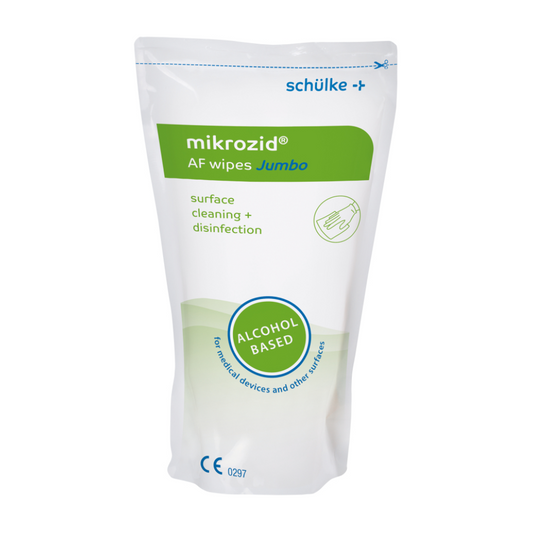 Eine Packung Schülke mikrozid® AF wipes Desinfektionstücher der Schülke & Mayr GmbH zur Schnelldesinfektion. Die weiß-grüne Verpackung enthält Produktinformationen und Anwendungssymbole.