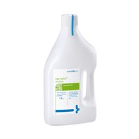 A white plastic bottle containing Schülke terralin® protect concentrate for disinfection and cleaning, manufactured by Schülke & Mayr GmbH, with a blue cap and label, shown in isolation against a white background.