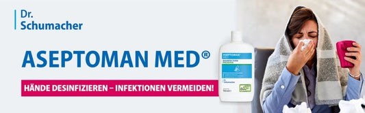 Werbebanner für Aseptoman Med von Dr. Schumacher: Links steht der Produktname „ASEPTOMAN MED®“ mit dem Hinweis „Hände desinfizieren – Infektionen vermeiden!“. Daneben ist eine Flasche Händedesinfektionsmittel abgebildet. Rechts sitzt eine erkältete Frau in eine Decke gehüllt, hält ein Taschentuch an die Nase und eine Tasse in der Hand. Heller, sachlicher Hintergrund in Weiß- und Blautönen.