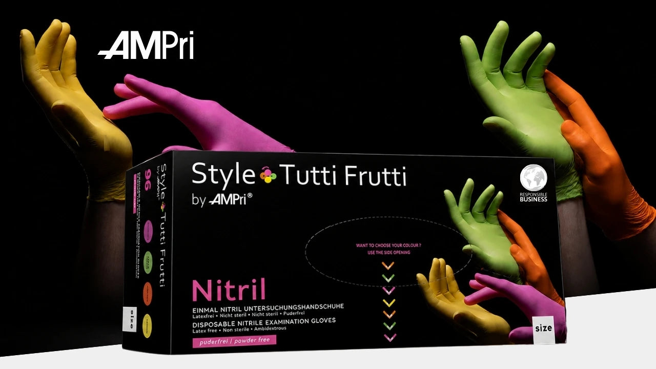 AMPri Style Tutti Frutti Nitril-Einmalhandschuhe in Gelb, Pink, Grün und Orange mit schwarzer Produktverpackung.