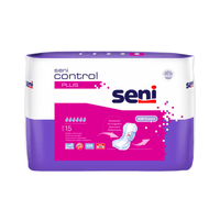One package Seni The Control Plus incontinence pad from TZMO Deutschland GmbH contains 15 pads, features leak protection, and comes in purple-and-white packaging with the product logo and an image of the pad on the front.