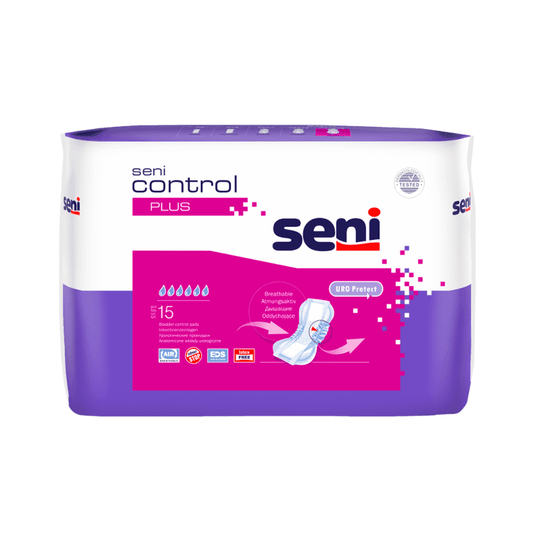 Una confezione Seni Il salvaslip per l'incontinenza Control Plus della TZMO Deutschland GmbH contiene 15 salvaslip, è dotato di una protezione anti-perdite e viene fornito in una confezione viola e bianca con il marchio del prodotto e l'immagine del salvaslip sul lato anteriore.