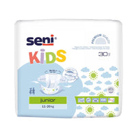 The picture shows a package Seni Kids a30 Breathable Incontinence Pants for Children by TZMO Deutschland GmbH, featuring colorful designs and the labels “11–20 kg” and “30 pieces.” The product features symbols indicating air circulation, a flexible fit, and premium quality, highlighting its breathable outer layer.