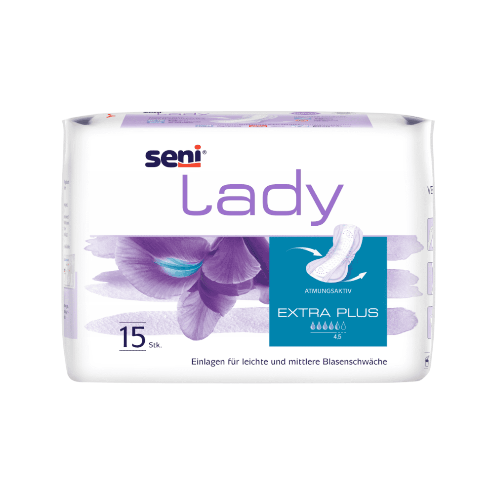 La protection Seni Lady Extra Plus de TZMO Deutschland GmbH est disponible en paquet de 15, idéale pour une faiblesse vésicale légère à modérée. L'emballage blanc et violet avec un design floral est respirant et conçu pour les femmes.