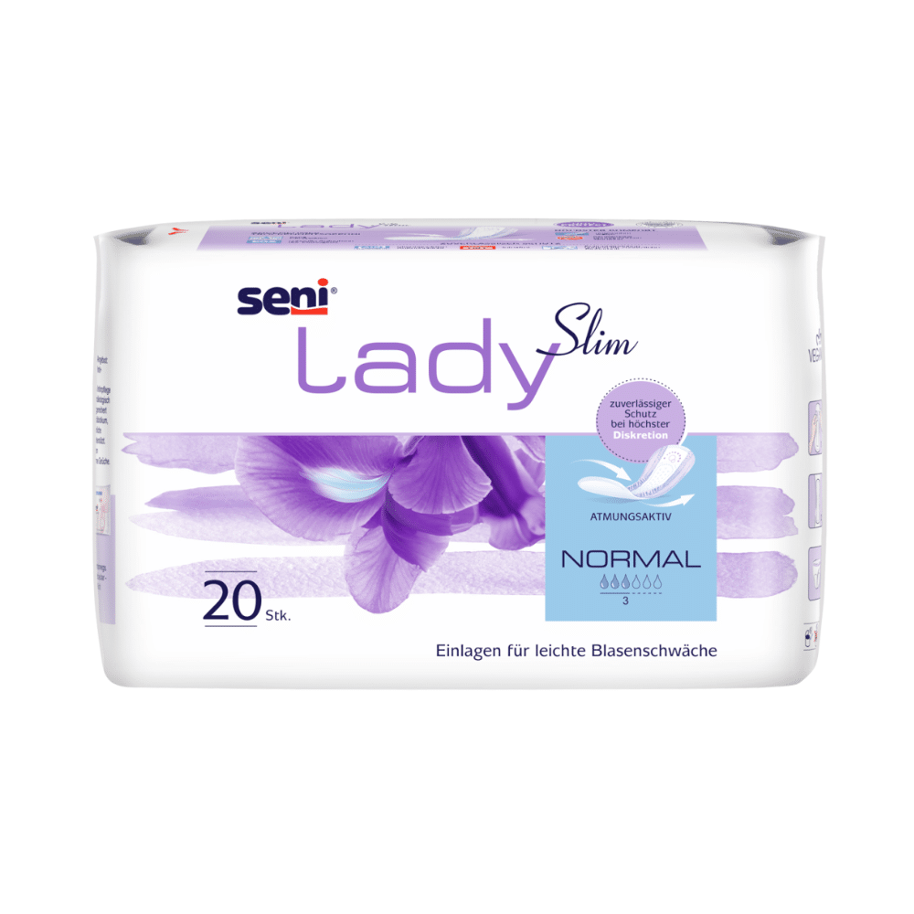 Eine 20er-Packung Seni Lady Slim Normal Einlagen der TZMO Deutschland GmbH präsentiert sich in einer weiß-violetten Verpackung mit Blumenmotiv, deutschen Produktdetails und Geruchsstopp bei leichter Blasenschwäche.