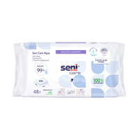 The picture shows a package Seni Care Aqua Wet Wipes | Pack (48 count) by TZMO Deutschland GmbH. The package is mostly white with blue accents, indicating that the wipes are 99% Aqua and are XXL size. The wipes are fragrance-free, vegan, have a balanced pH level, and are 100% biodegradable—perfect for sensitive skin. The package contains 48 wipes.