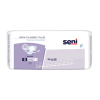 One package Seni Classic Plus incontinence briefs (sizes S–XL) by TZMO Deutschland GmbH, packaged in white-and-purple packaging featuring the brand logo, size information, and symbols—ideal for discreet management of bladder weakness.
