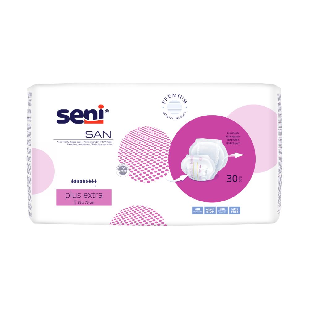 L'immagine mostra una confezione di Seni San Plus Extra assorbenti per incontinenza (30 pezzi) di TZMO Deutschland GmbH. La confezione bianca con cerchi rosa e viola riporta il nome del prodotto, un'immagine del pad e mette in evidenza la qualità premium e la protezione contro le perdite.