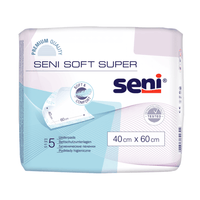 Un paquet Seni Alèses de protection « Soft Super » de la société TZMO Deutschland GmbH, dimensions : 40 cm x 60 cm. Le lot comprend 5 alèses présentées dans un emballage blanc et bleu comportant des informations sur le produit et des symboles de qualité, et met en avant la protection fiable qu'elles offrent au quotidien.
