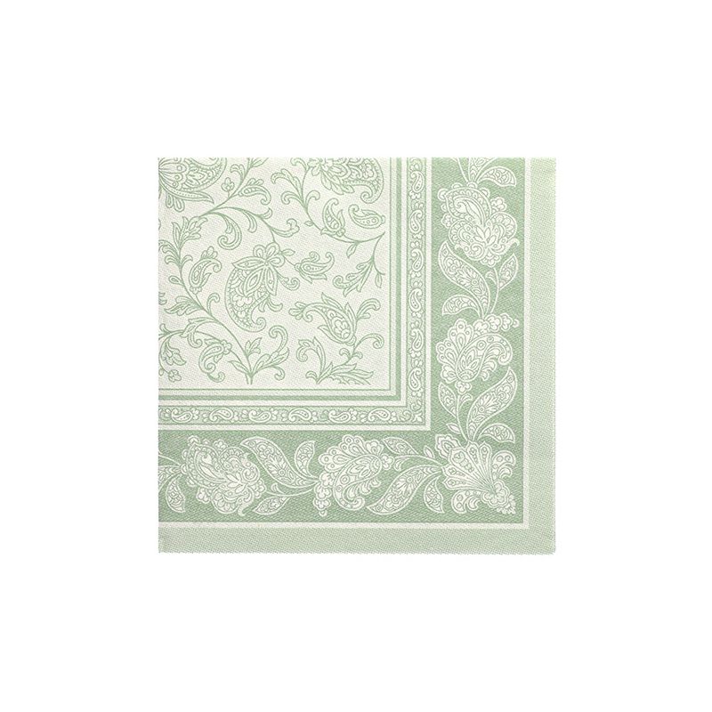 Die PAPSTAR Servietten 1/4-Falz „Ornaments“ aus der „ROYAL Collection“ der PAPSTAR GmbH sind elegante quadratische grüne Servietten, die an den Rändern und Ecken mit einem aufwendigen weißen Paisley- und Blumenmotiv verziert sind, ergänzt durch ein passendes zentrales Design. Dieses hochwertige Tissue mit einem raffinierten Pflanzenranken-Muster ist perfekt für jedes gehobene Esszimmer.