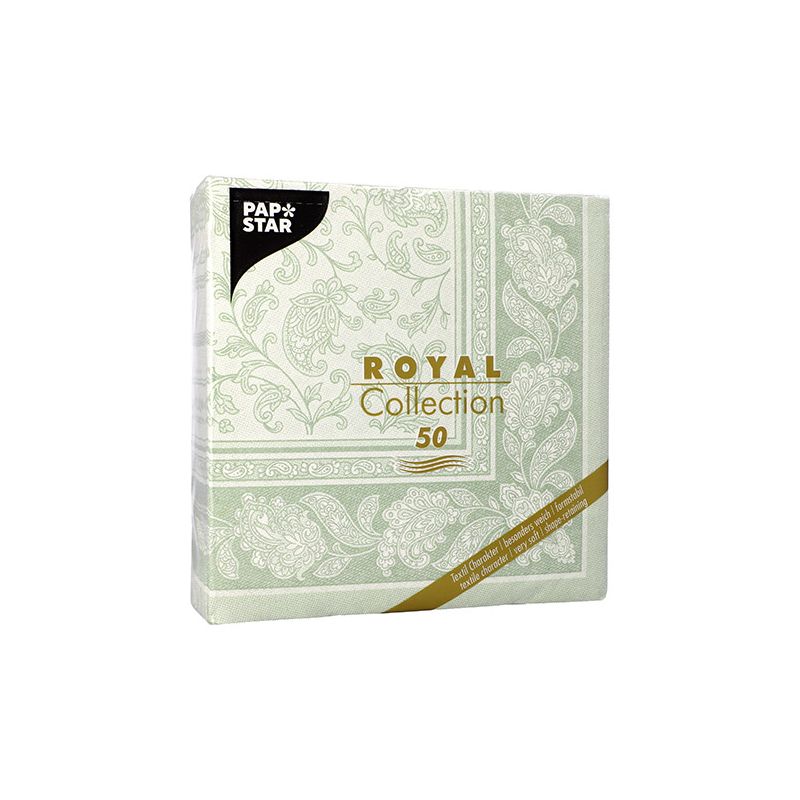 Die PAPSTAR Servietten der „ROYAL Collection“ der PAPSTAR GmbH präsentieren sich in einem eleganten Ornament-Design auf einer grünen Verpackung, die 50 hochwertige Servietten enthält. Eine goldene Schleife hebt das exquisite Airlaid-Material dieser Servietten hervor und garantiert ein luxuriöses Speiseerlebnis.