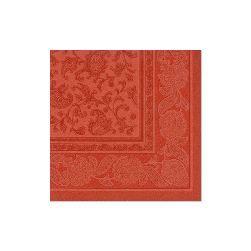 Eine edle rote Serviette aus der „ROYAL Collection“ der PAPSTAR GmbH mit einem aufwendigen Blumen- und Paisleymuster am Rand verkörpert eine Premium-Tissue-Qualität, die sich perfekt für jeden Anlass eignet.