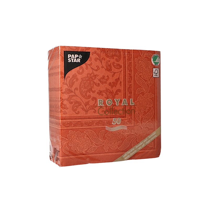 Abbildung einer Packung Servietten „ROYAL Collection“ der PAPSTAR GmbH mit 50 Stück. Diese Premium-Tissue-Servietten sind 40 cm x 40 cm groß und zeigen ein edles „Ornament“-Design, überwiegend in orangefarbener Verpackung mit Zertifizierungslogos in der oberen rechten Ecke.