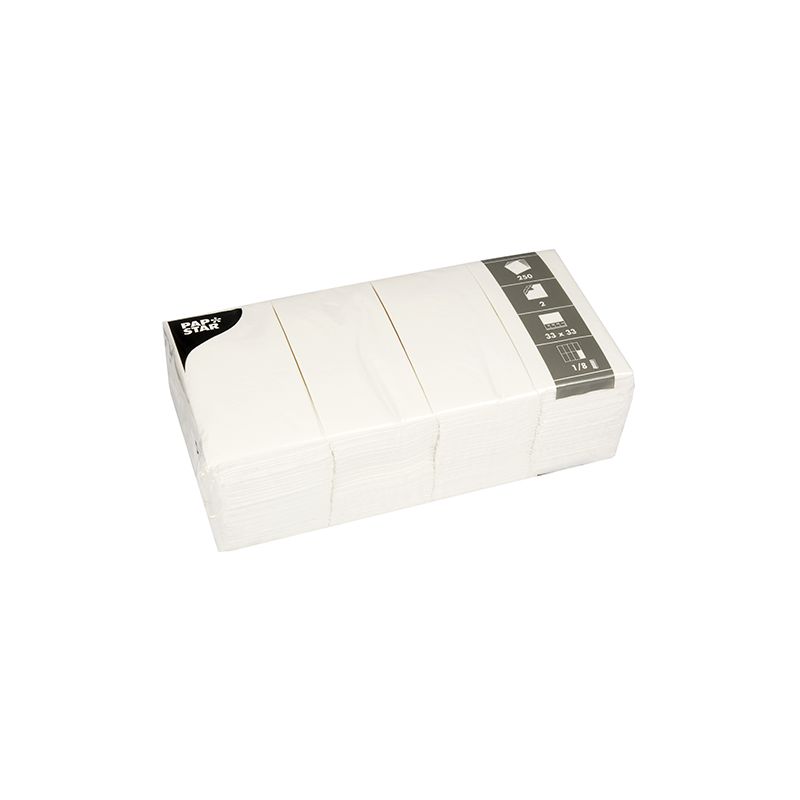 Un paquet de 250 serviettes blanches à 2 plis PAPSTAR (33x33 cm, pliées en 1/8) de la société PAPSTAR GmbH, emballé dans un plastique transparent avec une étiquette gris-blanc en haut à droite.