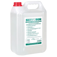Un Cubitainer Servoson transparent de 5 kg, muni d'un bouchon à vis rouge et portant l'inscription « Servoson Gel à ultrasons » en lettres vertes et blanches, met en avant sa formule douce pour la peau et est destiné à un usage médical.