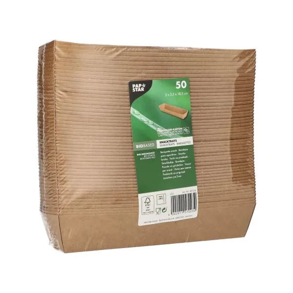 Una confezione con 50 vassoi per snack "pure" marroni in cartone di PAPSTAR GmbH - perfetti come complemento ecologico a stoviglie monouso sostenibili o tovaglioli biodegradabili.