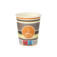 The Starpak "To Go" paper cup (0.2 L, Ø 8 cm × 9.2 cm) features a brown, yellow, and orange design with a steam cup symbol in the center and disposal instructions along the bottom edge. This disposable paper coffee cup is perfect for enjoying your beverage on the go.