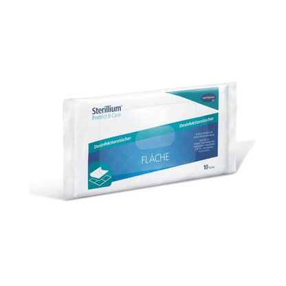 Una confezione di salviette disinfettanti Hartmann Sterillium® Protect & Care per superfici Softpack, raffigurata su sfondo bianco. La confezione è principalmente bianca e blu, con testo in tedesco. Contiene 10 salviette. Marca: Paul Hartmann AG.