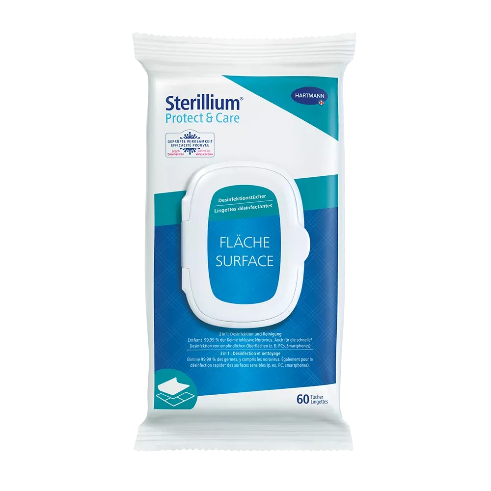 Una confezione di salviette disinfettanti Hartmann Sterillium® Protect & Care per superfici Softpack. La confezione bianco-blu contiene 60 salviette ed è contrassegnata con il logo della Paul Hartmann AG. Il testo sulla confezione è principalmente in tedesco e indica che si tratta di una rapida disinfezione per superfici sensibili.