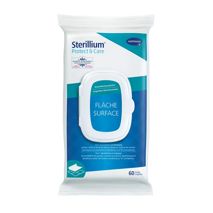 Una confezione di salviette disinfettanti Hartmann Sterillium® Protect & Care per superfici Softpack. La confezione bianco-blu contiene 60 salviette ed è contrassegnata con il logo della Paul Hartmann AG. Il testo sulla confezione è principalmente in tedesco e indica che si tratta di una rapida disinfezione per superfici sensibili.