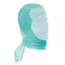 Eine tealfarbene Meditrade Suavel® Apollo OP-Haube aus Polypropylen-Vliesstoff von Meditrade GmbH bedeckt einen schlichten Astronauten-Kopf. Sichtbare Nähte und Bindebänder hinten, präsentiert vor weißem Hintergrund. Die Packung enthält 100 Stück.