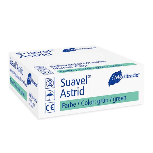 Une boîte de gants chirurgicaux Meditrade Suavel® Astrid pour infirmières, fabriqués par Meditrade GmbH. L'emballage est principalement blanc et bleu, mais le texte indique que les gants sont de couleur verte. Des symboles indiquent que ces gants sont à usage unique.