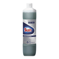 Una bottiglia da 1 litro di detersivo per piatti a mano Diversey Sun Professional, prodotto da Diversey Deutschland GmbH & Co. OHG, è dotata di un tappo bianco, di un’etichetta prevalentemente bianca con il logo Sun, i dettagli del prodotto e i simboli relativi alla pulizia e alla sicurezza, e si distingue per la sua fresca fragranza al limone.