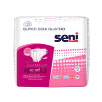 A 10-pack of Super Seni Quatro incontinence pants by TZMO Deutschland GmbH, size S, feature a pink-and-white design with product information and symbols indicating leak protection and key features; suitable for bladder weakness.