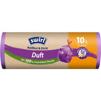 A role Swirl Vanilla-Lavender Scented Trash Bags, 10 L (14 bags) by Melitta Europa GmbH & Co. KG, made from 100% recycled plastic with a vanilla-lavender scent and a lavender blossom design.