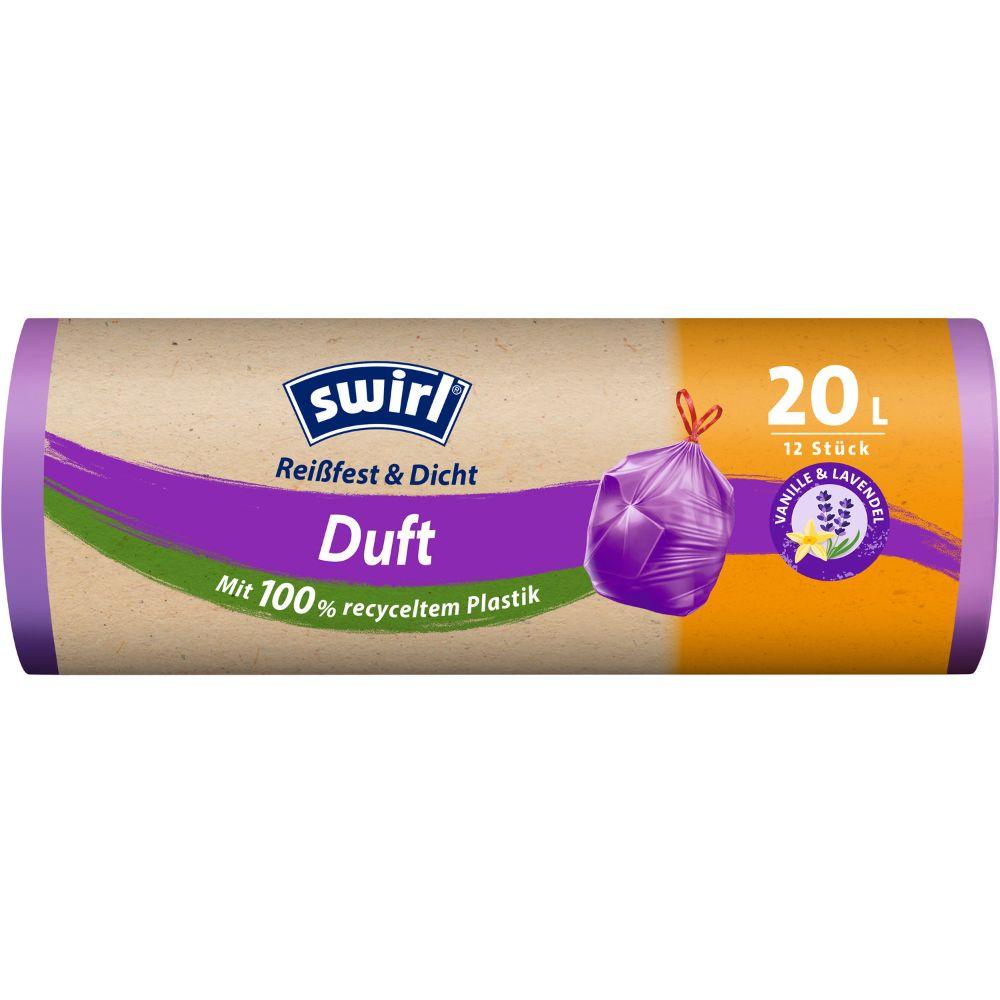 Der Swirl Duft-Müllbeutel Vanille-Lavendel 20 l Reißfest & Dicht von Melitta Europa GmbH & Co. KG bietet pro Rolle 12 recycelte Plastiktüten in lila-oranger Verpackung mit Vanille-Lavendel-Duft.