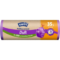 Il Swirl I sacchetti per rifiuti profumati alla vaniglia e lavanda da 35 litri della Melitta Europa GmbH & Co. KG vengono forniti in un rotolo contenente 9 sacchetti profumati realizzati in plastica riciclata al 100% e presentano dettagli viola e un simbolo che ne indica la fragranza alla vaniglia e lavanda sulla confezione.