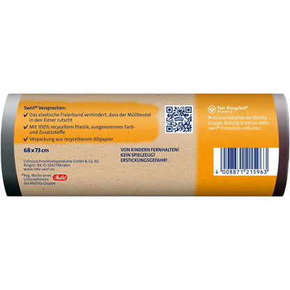 Un rouleau Swirl de sacs poubelle à bande élastique 60 l Résistant à la déchirure & Étanche (10 sacs) de Melitta Europa GmbH & Co. KG dispose d'une étiquette allemande beige clair, est composé de plastique recyclé à 100 % et possède une bande élastique pour une fermeture sécurisée.