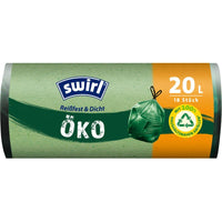 A role Swirl Eco-Friendly Garbage Bags with Drawstring, 20 L, Tear-Resistant & Leak-Proof by Melitta Europa GmbH & Co. KG contains 18 eco-friendly garbage bags in green and orange packaging featuring the recycling symbol, made from recycled plastic.