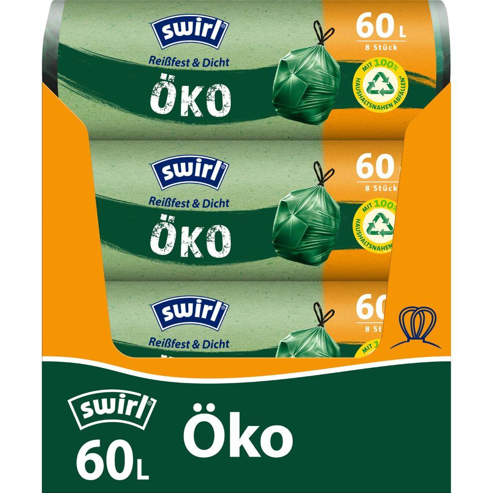 Eine Packung Swirl Öko-Müllbeutel mit Zugband 60 l (von Melitta Europa GmbH & Co. KG) enthält 3 Rollen mit je 8 umweltfreundlichen, reißfesten Beuteln aus recyceltem Kunststoff mit grünem Design und gelb-orangen Akzenten.